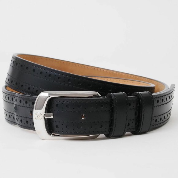 Louis Vuitton Belt Santur 95cm Black Men's Leather Openwork Silver Buckle LOUIS - Picture 1 of 9